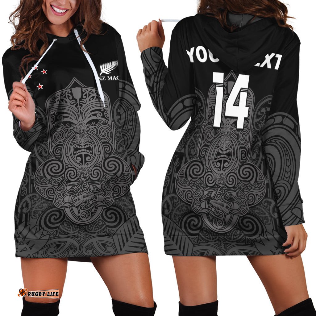 Custom Text And Number New Zealand Tiki Rugby Hoodie Dress NZ Maori Koru Pattern