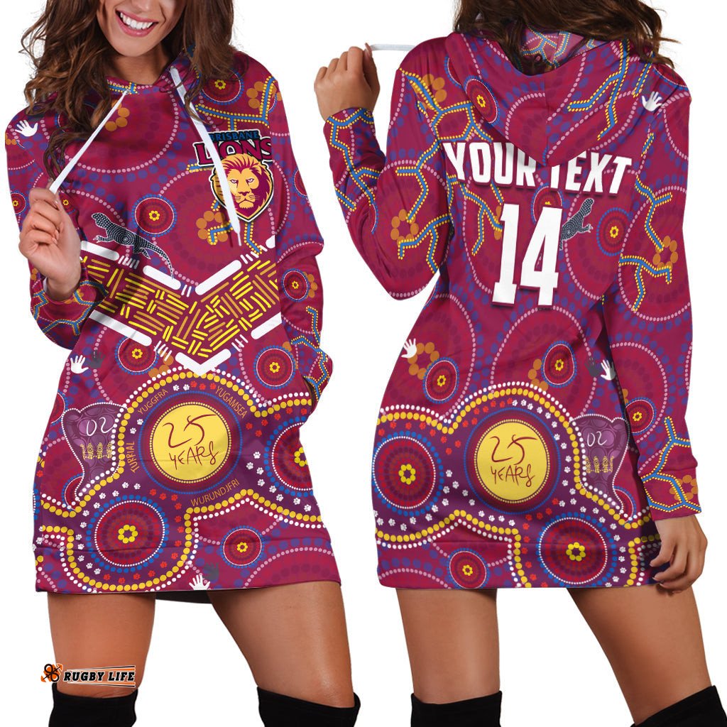 Custom Text And Number Brisbane Football Hoodie Dress Indigenous Pattern Go Lions Unique Version