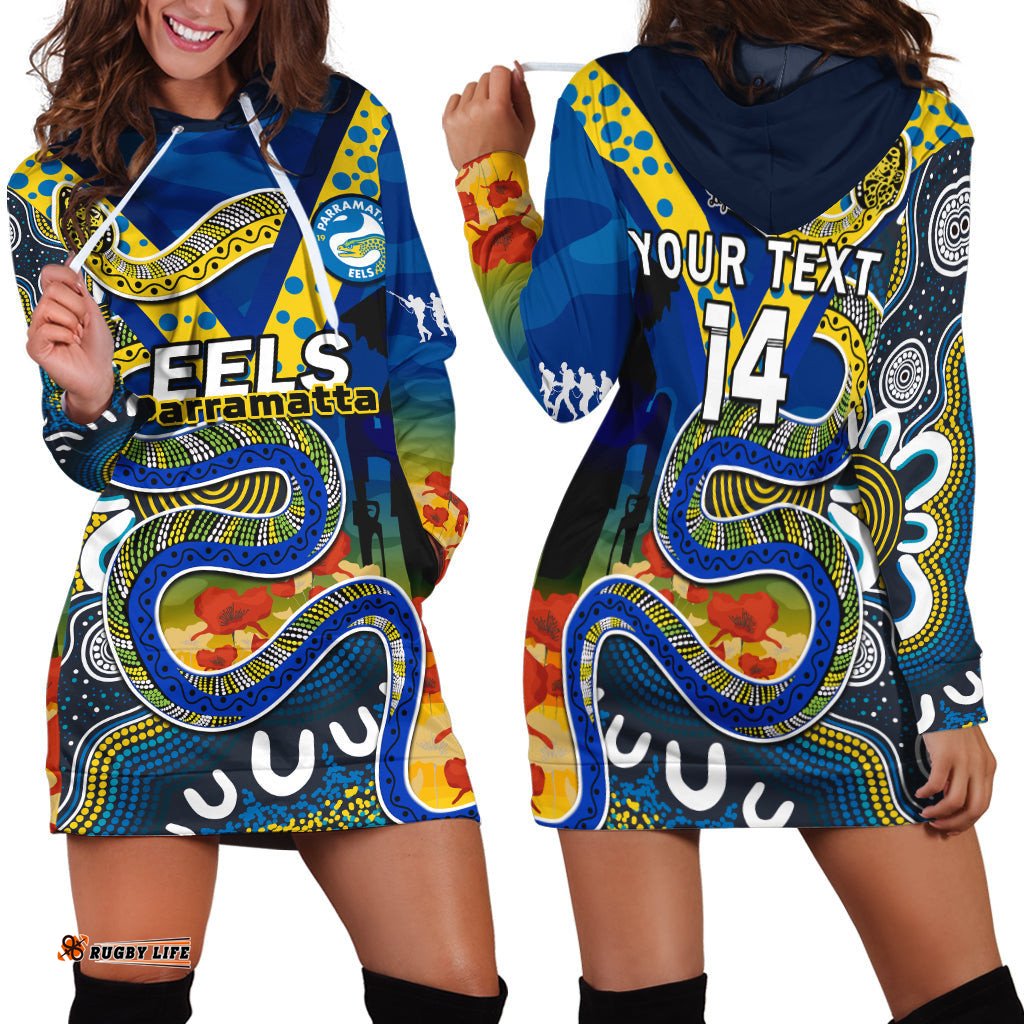 Custom Text And Number Eels Rugby ANZAC Hoodie Dress Aboriginal Mix Poppy Lest We Forget