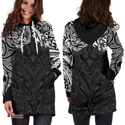 New Zealand Women'S Hoodie Dress, Maori Polynesian Tattoo White