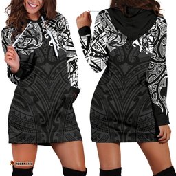 New Zealand Women'S Hoodie Dress, Maori Polynesian Tattoo White