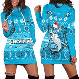 Custom Personalised Sharks Christmas Hoodie Dress Cronulla Sutherland Aboriginal Art Merry Xmas