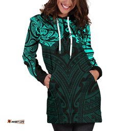 New Zealand Women'S Hoodie Dress, Maori Polynesian Tattoo Turquoise