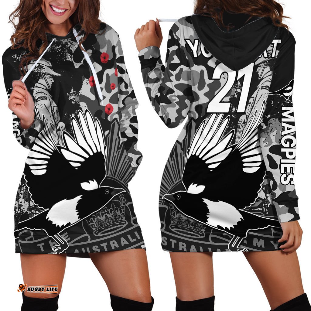 Custom Text And Number AFL ANZAC Magpies Hoodie Dress Camouflage
