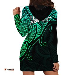 Custom Aotearoa Maori Koru Hoodie Dress Polynesian Pacific Tribal Green