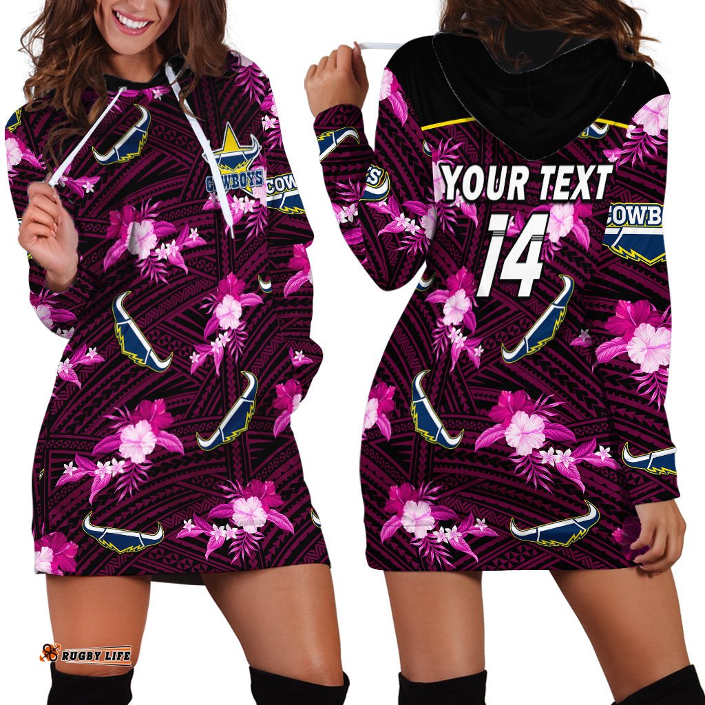 Custom Text And Number Cowboys Rugby Hoodie Dress Polynesian Tribal Mix Tropical Hawaiian Pink Style