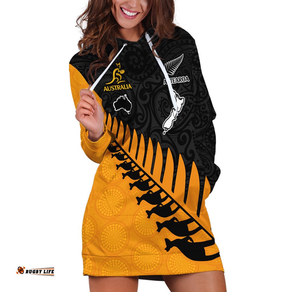 Custom Australia Wallabies and Aotearoa Rugby Hoodie Dress Kangaroo Black Fern Maori Gold Vibe