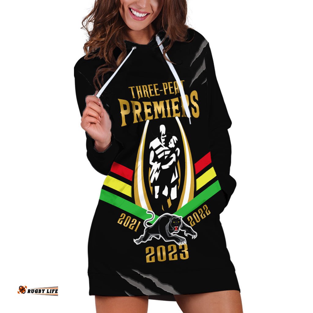 Personalised NRL Panthers Hoodie Dress Premiers Three Peat Proud Of Our Boys Black