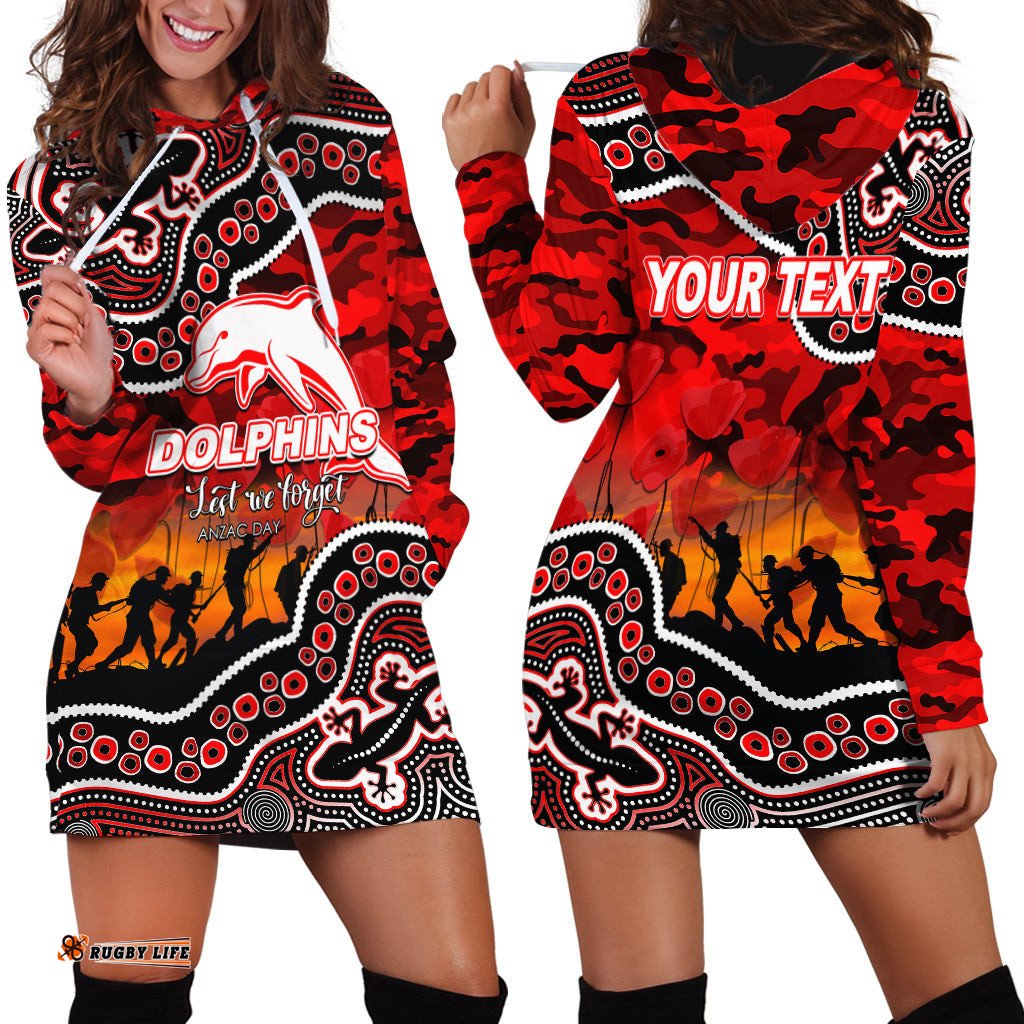 Custom Personalised Anzac Day NRL Dolphins Hoodie Dress Aboriginal Lizard Patterns
