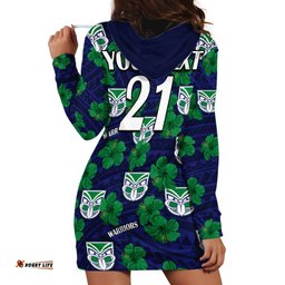 Custom Text And Number New Zealand Warriors Rugby Hoodie Dress Polynesian Style With Hibiscus