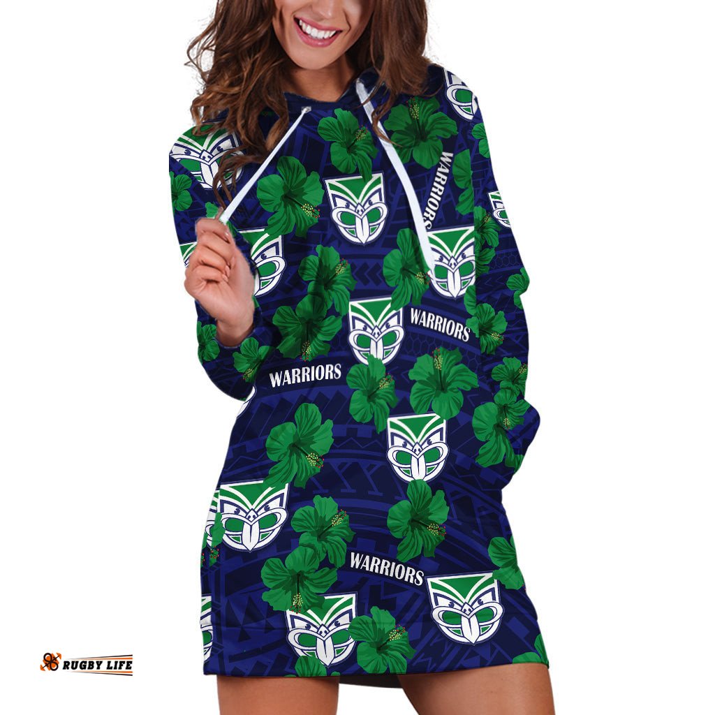 Custom Text And Number New Zealand Warriors Rugby Hoodie Dress Polynesian Style With Hibiscus