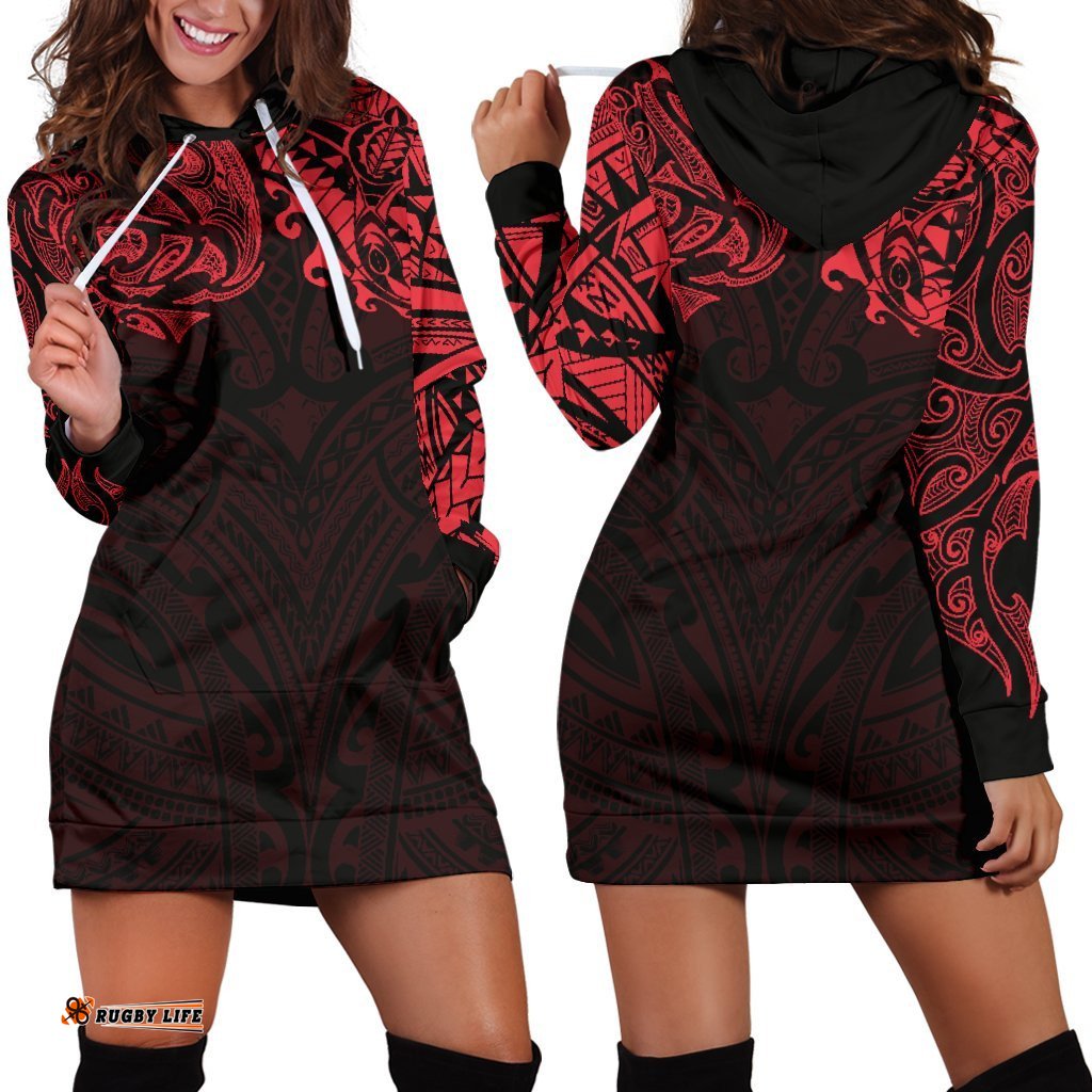 New Zealand Women'S Hoodie Dress, Maori Polynesian Tattoo Red