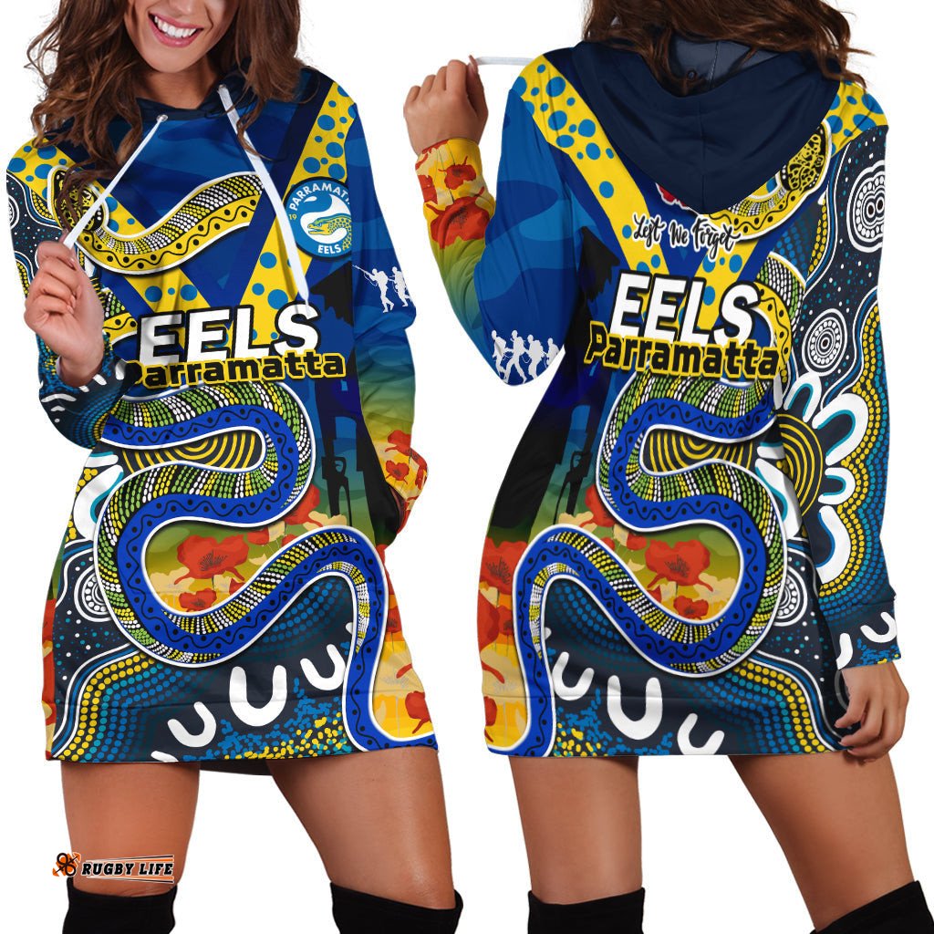Eels Rugby ANZAC Hoodie Dress Aboriginal Mix Poppy Lest We Forget