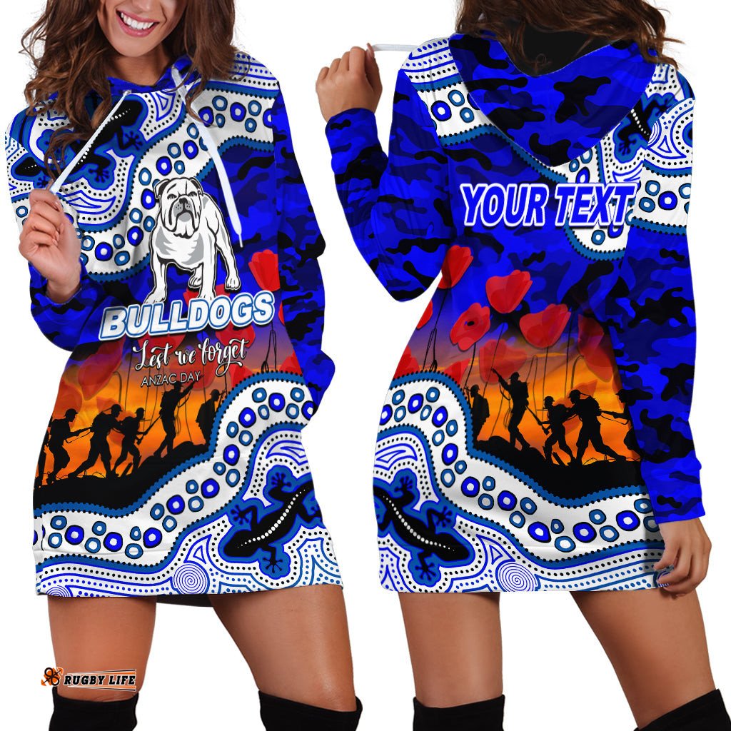 Custom Personalised Anzac Day NRL Bulldogs Hoodie Dress Aboriginal Lizard Patterns