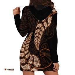 Brown New Zealand Paisley Silver Fern Hoodie Dress Aotearoa Maori
