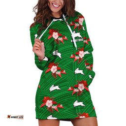 Custom Text And Number Rabbitohs Rugby Hoodie Dress Polynesian Tribal Mix Tropical Hawaiian Style