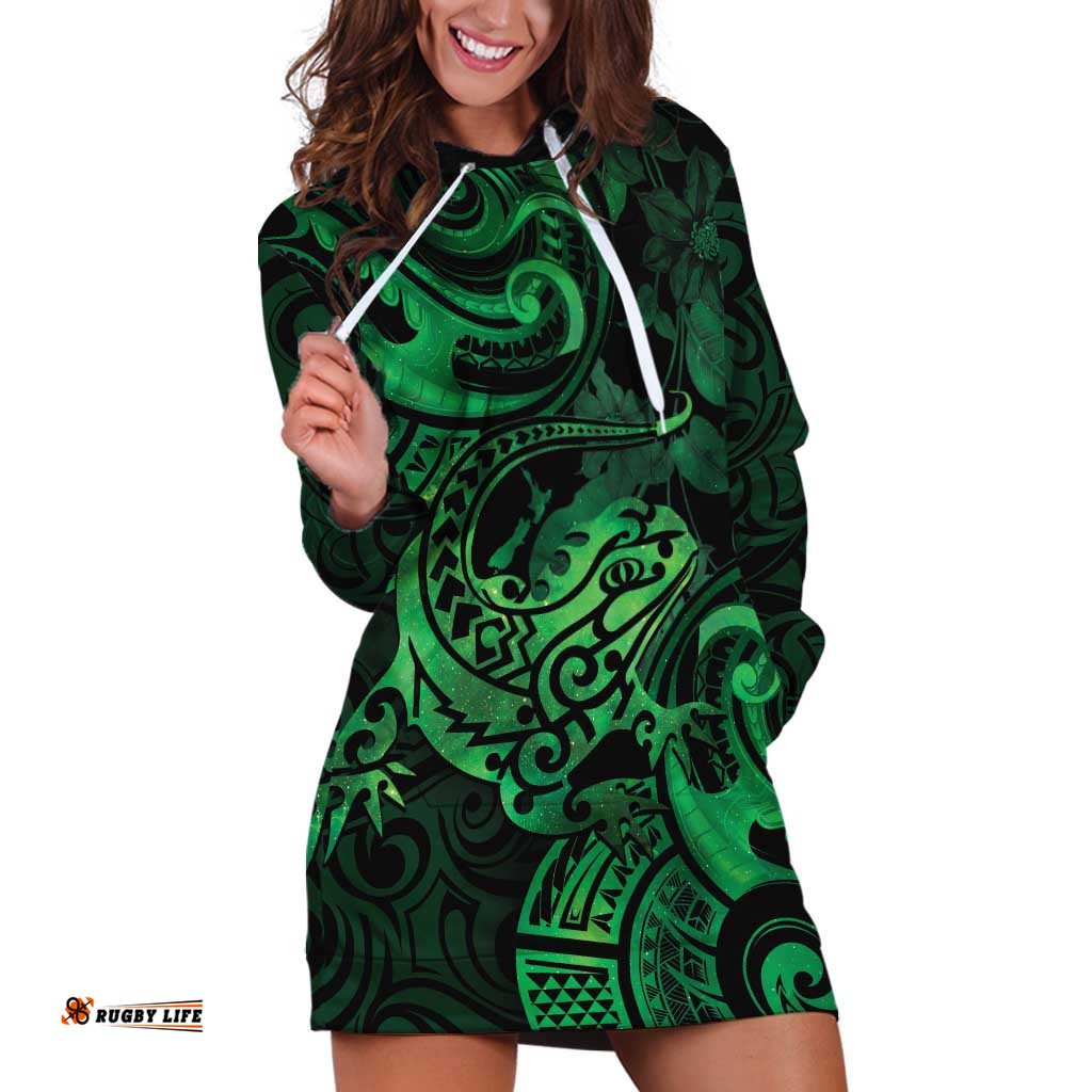 New Zealand Tuatara Hoodie Dress Aotearoa Maori Clematis Flowers Green