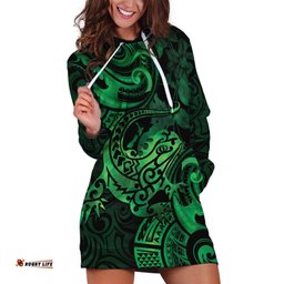 New Zealand Tuatara Hoodie Dress Aotearoa Maori Clematis Flowers Green