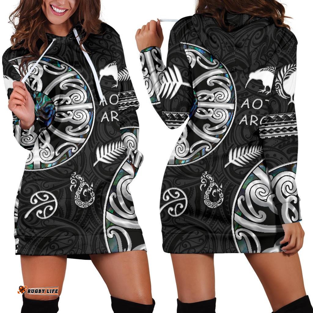 New Zealand Aotearoa Women Hoodie Dress, Maori Mangopare Paua Shell