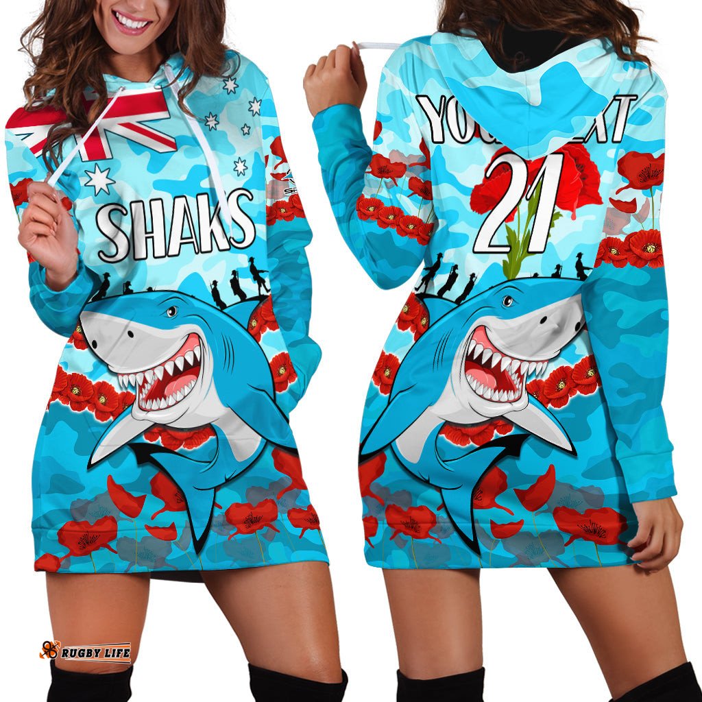 Custom Text And Number Sharks Rugby ANZAC Hoodie Dress Lest We Forget