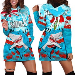 Custom Text And Number Sharks Rugby ANZAC Hoodie Dress Lest We Forget