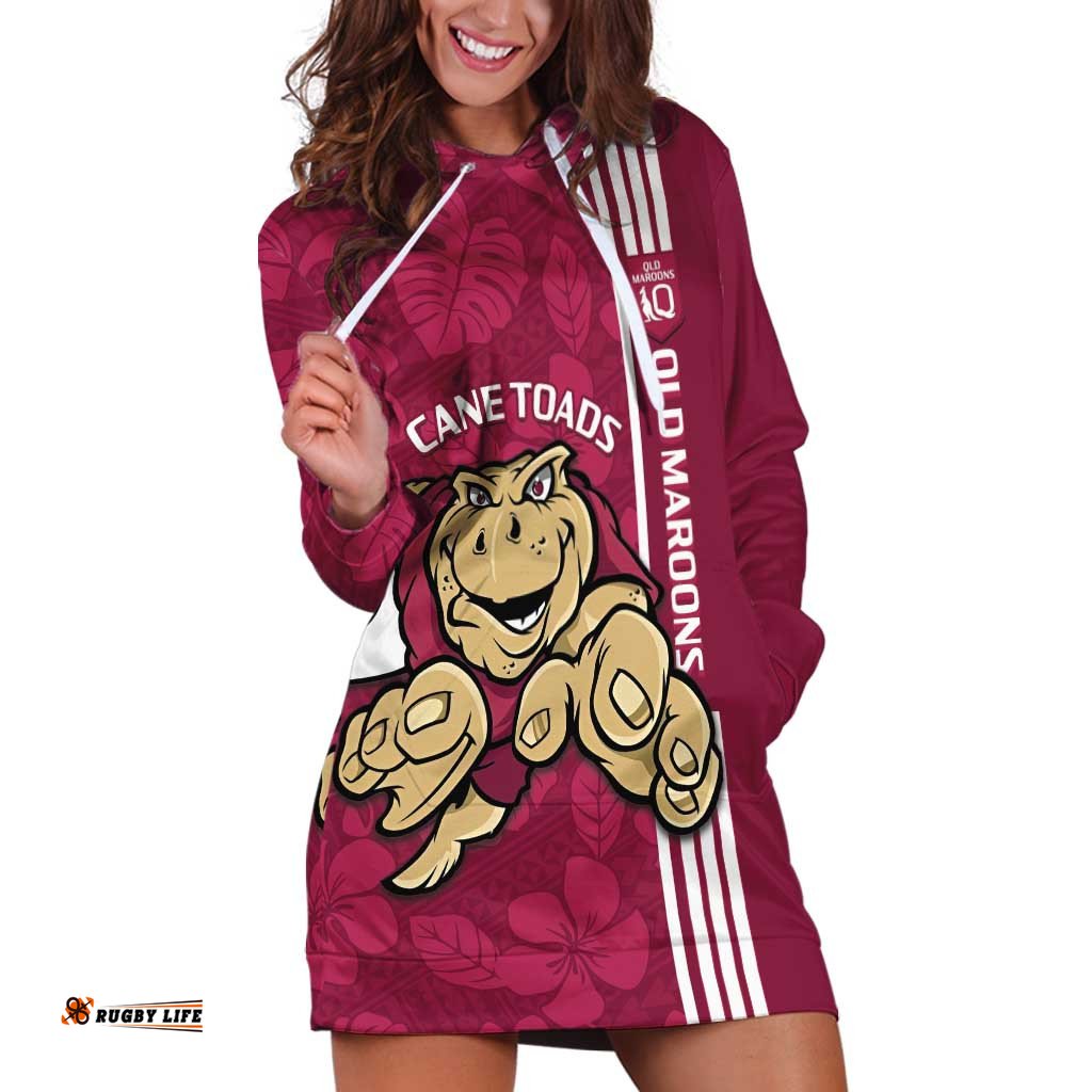 Custom QLD Maroons Rugby Hoodie Dress Cane Toads Polynesian Pattern Tropical Vibes