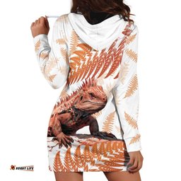 Red New Zealand Tuatara Hoodie Dress Aotearoa Sphenodon Punctatus Silver Fern