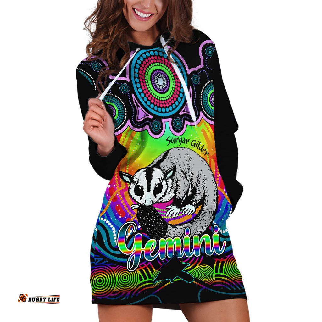 Personalised Australia Gemini Sugar Gilder Zodiac Hoodie Dress Auz Astrology Aboriginal Rainbow