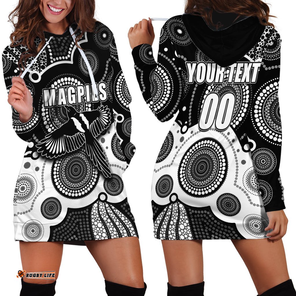 Custom Personalised And Number Magpies AFL Hoodie Dress Aboriginal Patterns 05