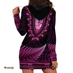 Pink African Dashiki With Aotearoa Maori Hoodie Dress Paua Shell Mix Silver Fern