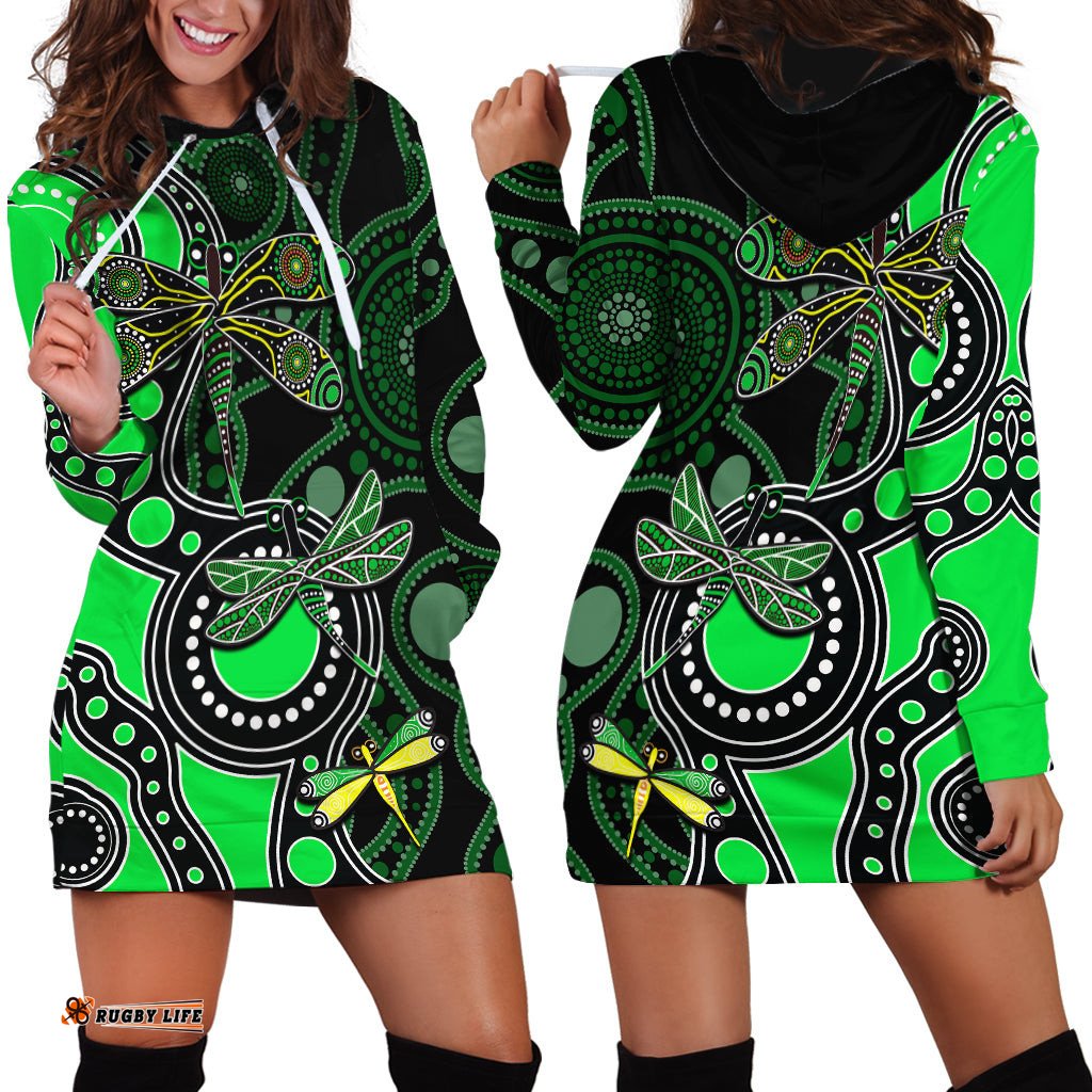 Aboriginal Dragonfly Hoodie Dress Green Style