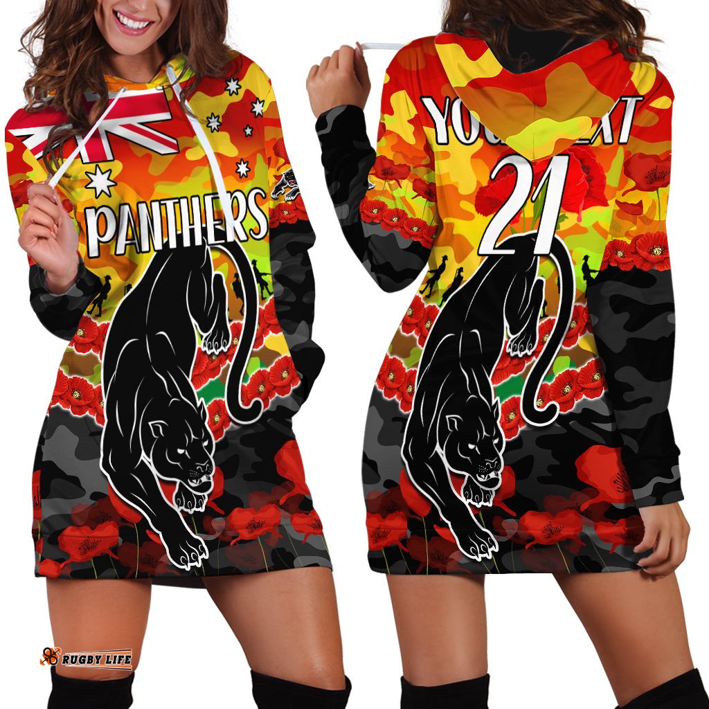 Custom Text And Number Panthers Rugby ANZAC Hoodie Dress Lest We Forget