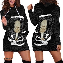 Black New Zealand Eel Hoodie Dress Aotearoa Maori Tuna With Kotiate Weapon