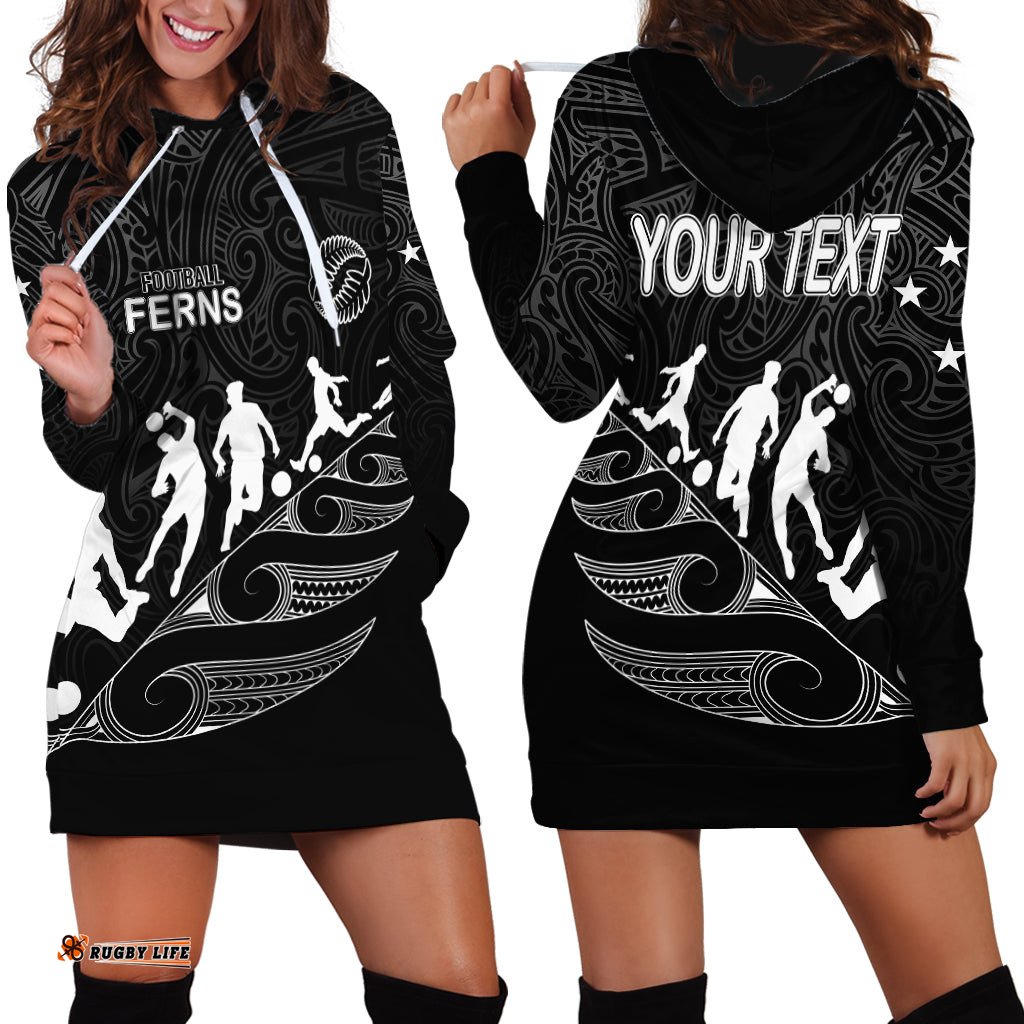 Personalised New Zealand Football Ferns Hoodie Dress Women World Cup Tribal Koru Pattern