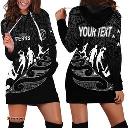 Personalised New Zealand Football Ferns Hoodie Dress Women World Cup Tribal Koru Pattern