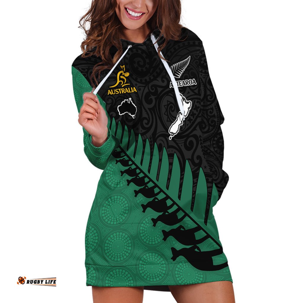 Australia Wallabies and Aotearoa Rugby Hoodie Dress Kangaroo Black Fern Maori Green Vibe