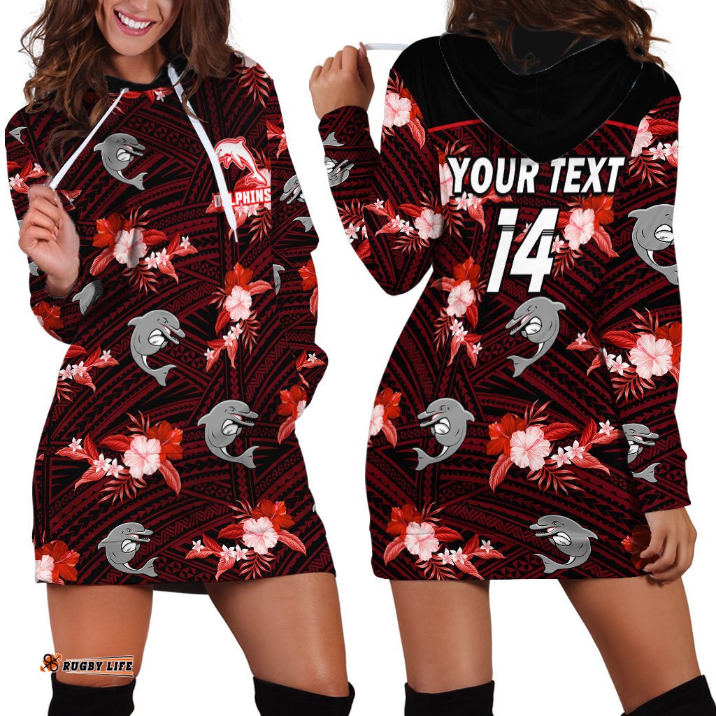 Custom Text And Number Dolphins Rugby Hoodie Dress Polynesian Tribal Mix Tropical Hawaiian Style