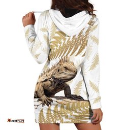Gold New Zealand Tuatara Hoodie Dress Aotearoa Sphenodon Punctatus Silver Fern