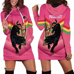 Personalised Panthers Rugby 2024 Hoodie Dress Mascot With Trophy Go Champions Aboriginal Art Pink