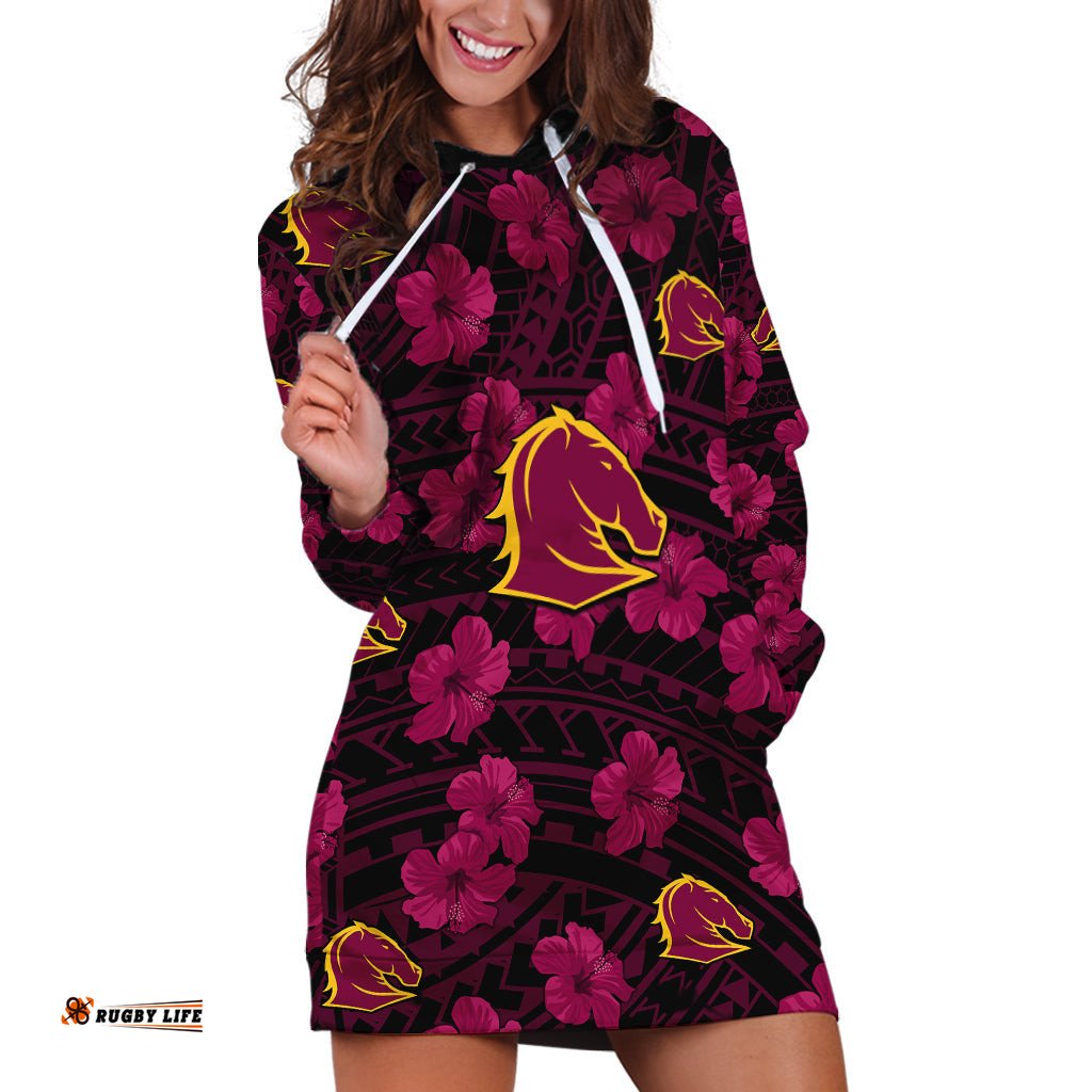 Broncos Rugby Hoodie Dress Polynesian Style With Hibiscus