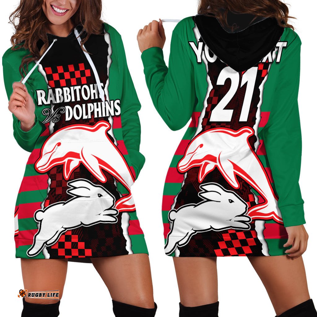 Custom Text And Number NRL Combine Rabbitohs and Dolphins Hoodie Dress 01