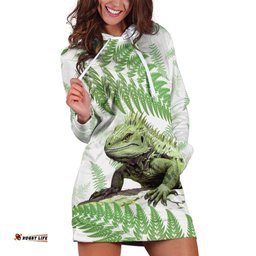 Green New Zealand Tuatara Hoodie Dress Aotearoa Sphenodon Punctatus Silver Fern