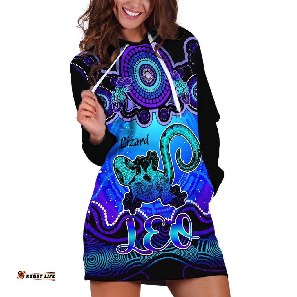 Personalised Australia Leo Lizard Zodiac Hoodie Dress Auz Astrology Aboriginal Blue