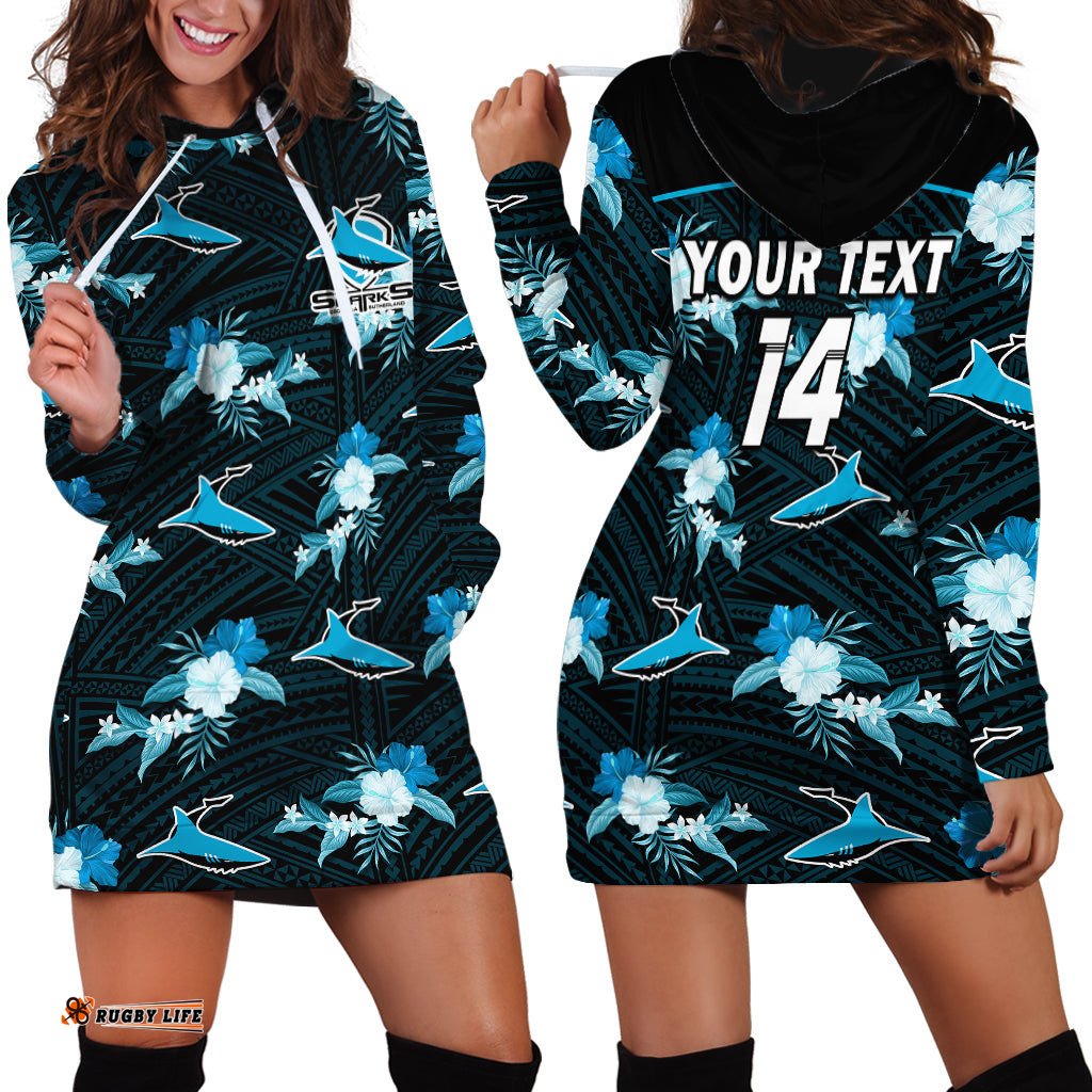 Custom Text And Number Sharks Rugby Hoodie Dress Polynesian Tribal Mix Tropical Hawaiian Style