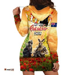 Australia And New Zealand ANZAC Day Hoodie Dress Kangaroo And Kiwi Bird Soldiers Lest We Forget
