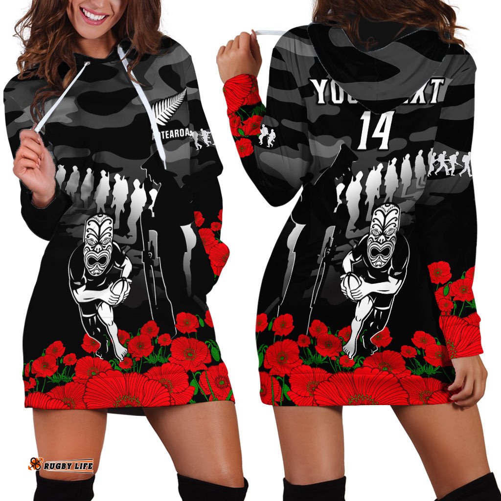 Custom Text And Number New Zealand ANZAC Rugby Hoodie Dress Silver Fern All Black Camouflage Mix Poppy