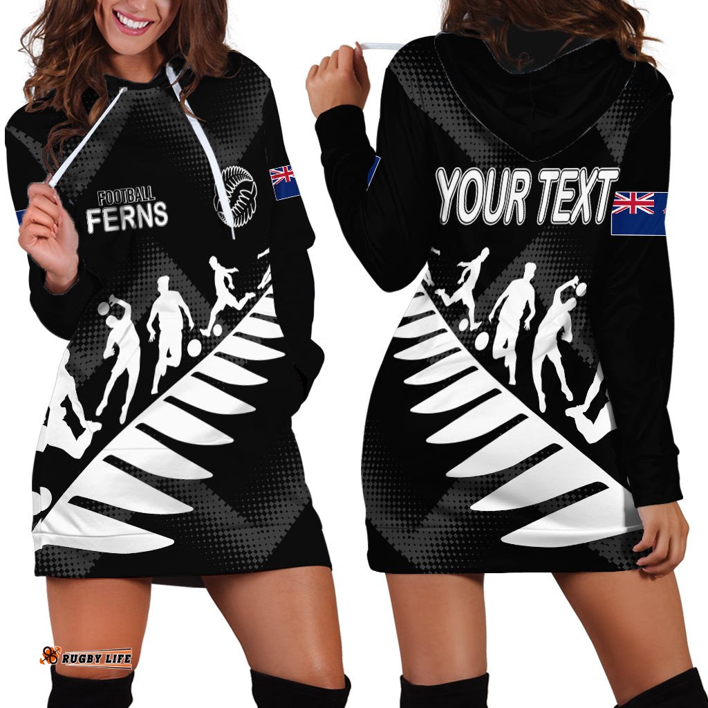 Personalised New Zealand Football Ferns Hoodie Dress Women World Cup Sporty Vibes