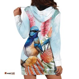 Splendid Fairy-wren Australia Hoodie Dress Aussie National Flowers Watercolor Style