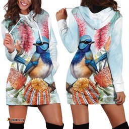 Splendid Fairy-wren Australia Hoodie Dress Aussie National Flowers Watercolor Style