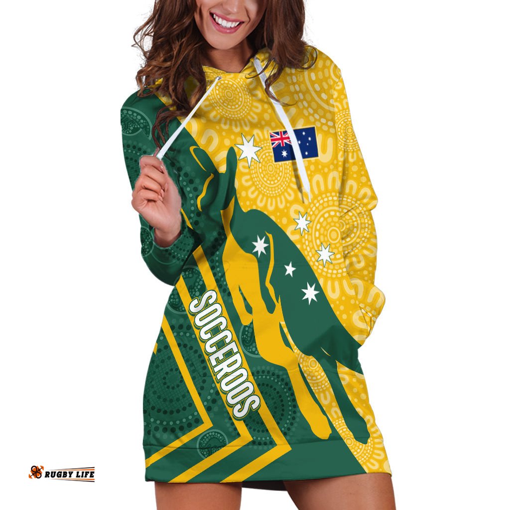 Personalised Australia Socceroos Indigenous Hoodie Dress Green & Gold
